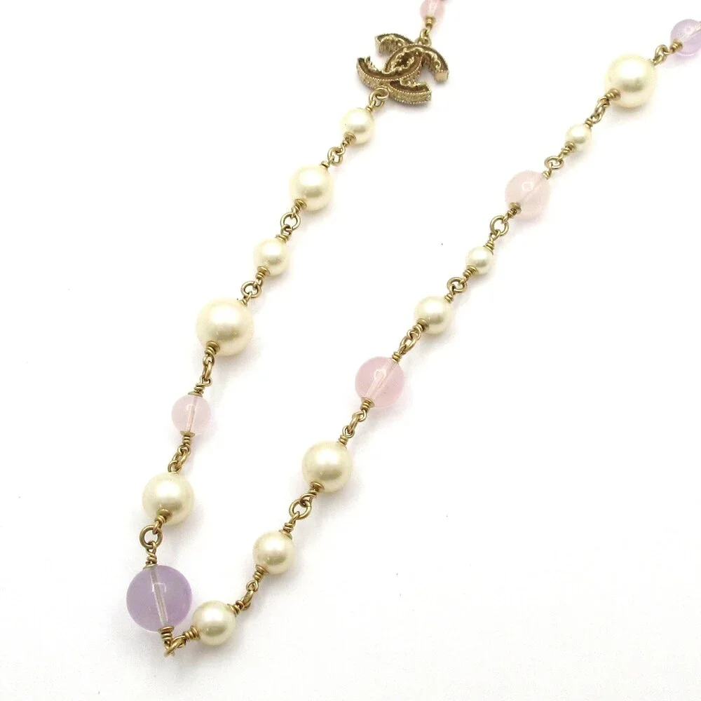 Chanel Necklace Light Purple Gold White Hardware Color Stone Pearl